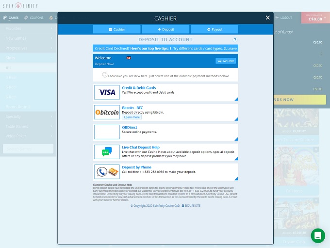 Spinfinity Casino bank